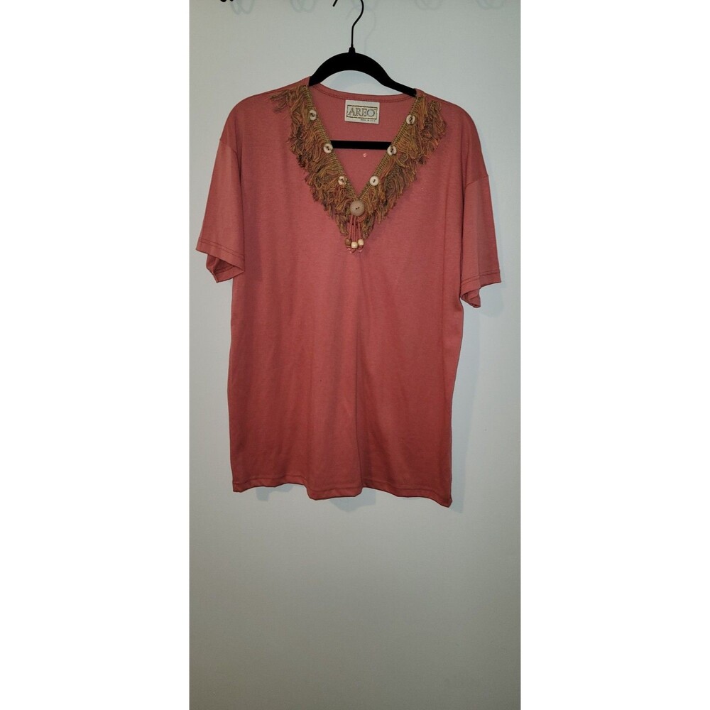 Areo Womens Coral Fringe Button Trim V-Neck Top Sz M Boho Ethnic Style USA Arsty